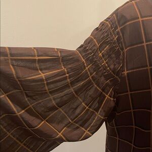 Calvin Klein Grid Pattern Blouse SizeXL Brown Gold WindowPane Plaid Smart Casual